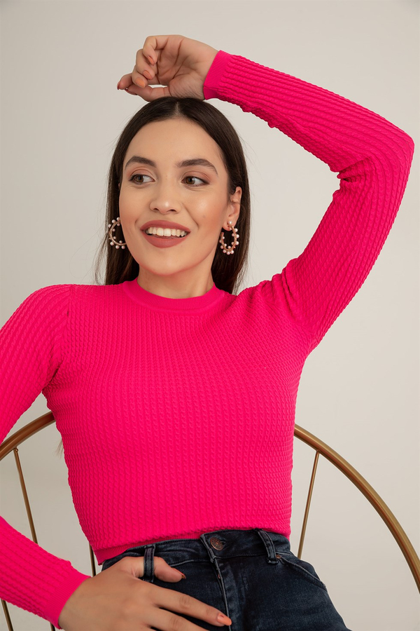 Dokulu Crop Triko - FUŞYA