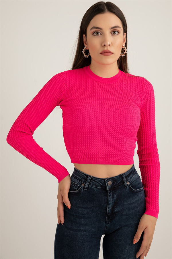 Dokulu Crop Triko - FUŞYA