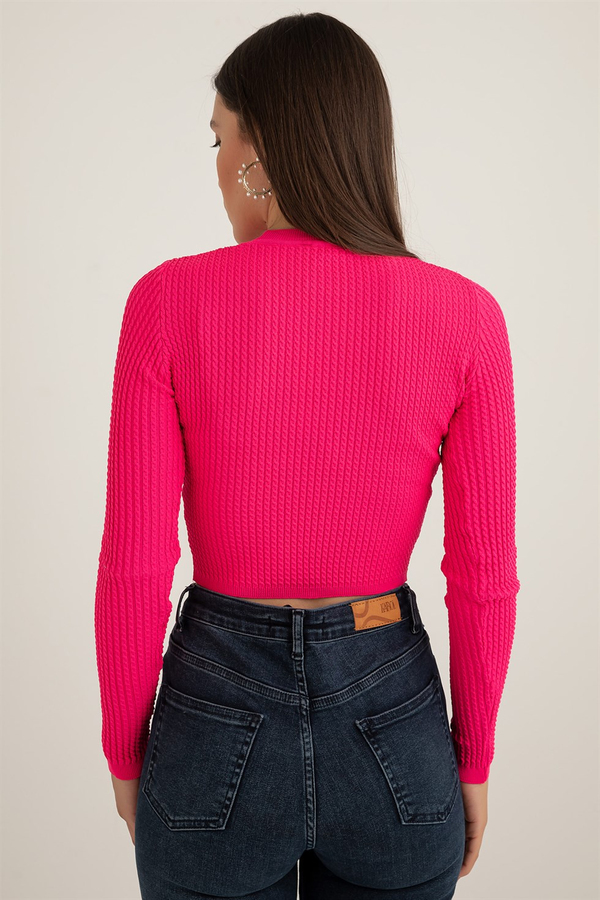 Dokulu Crop Triko - FUŞYA