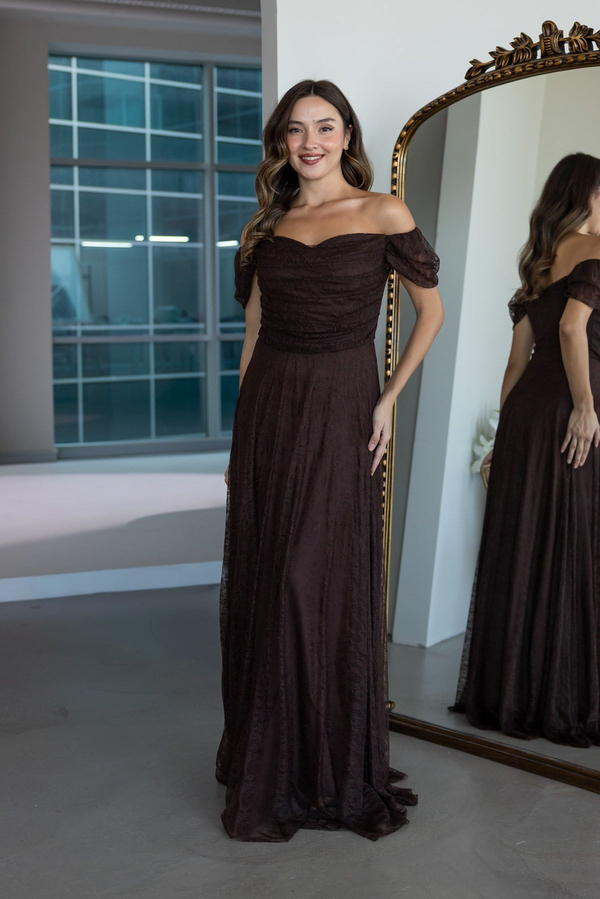 Drape Detaylı Dantel Abiye - KAHVERENGİ