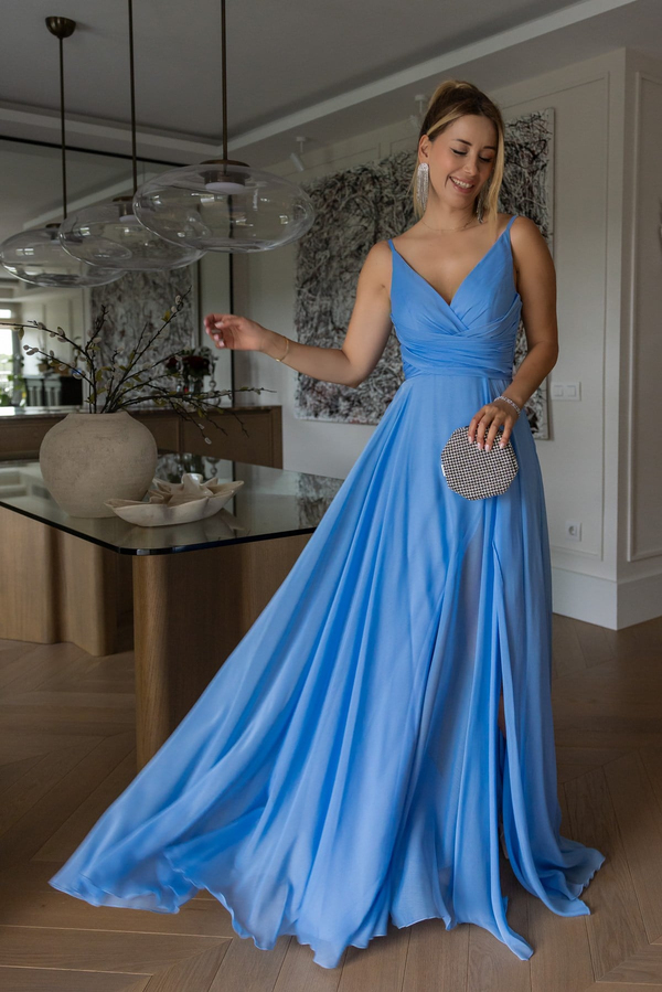 Drape Detaylı İp Askılı Abiye - BEBE MAVİSİ