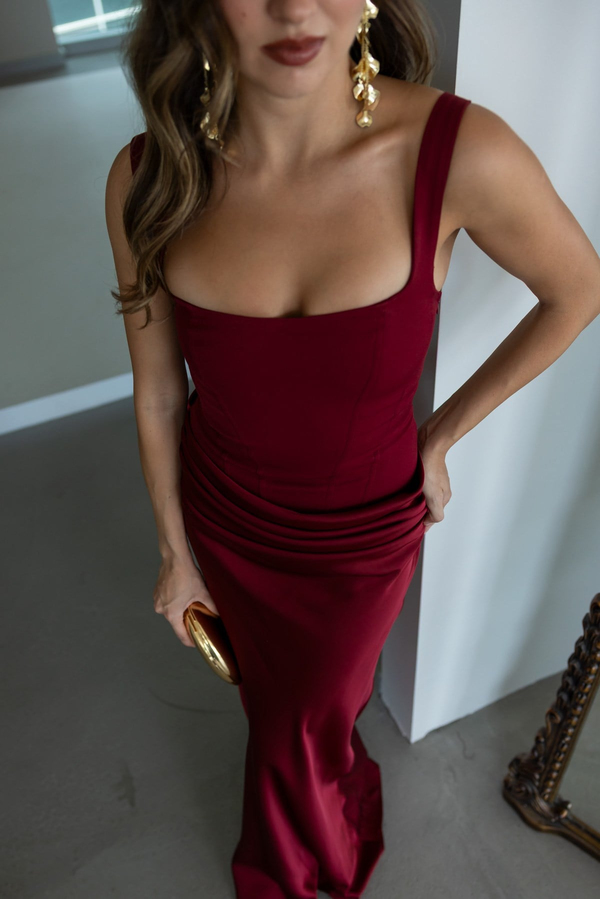Drape Detaylı Maxi Abiye - BORDO