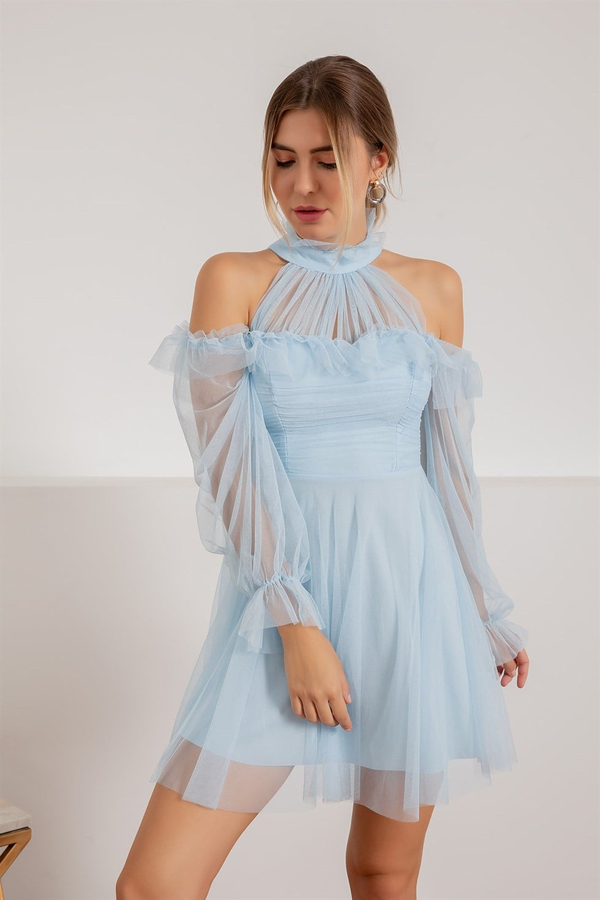 Drapeli Mini Tül elbise - BEBE MAVİSİ