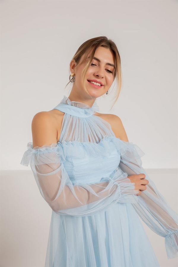 Drapeli Mini Tül elbise - BEBE MAVİSİ
