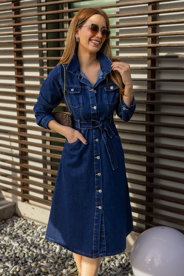 Düğme Kapamalı Denim Elbise - LACİVERT