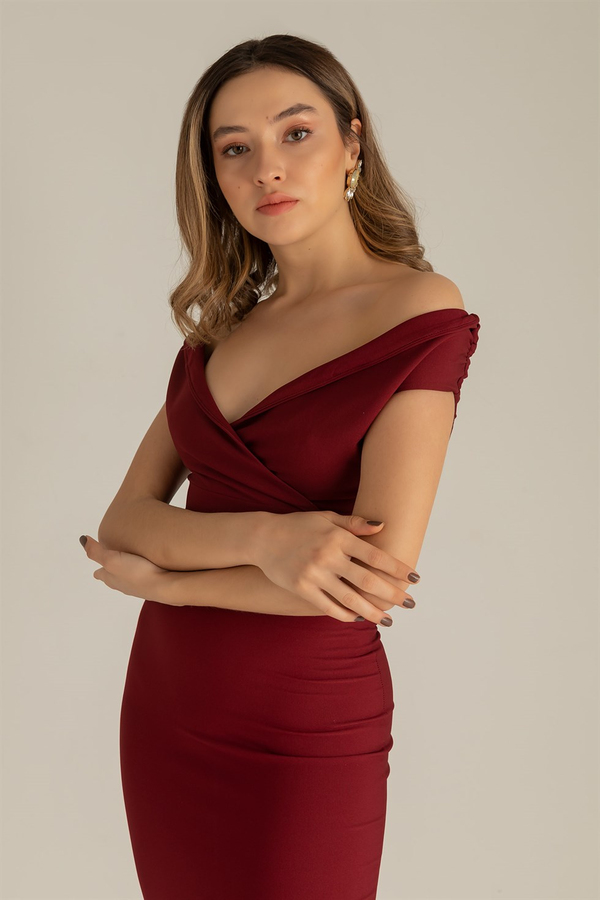 Düşük Yaka Kalem Elbise - BORDO