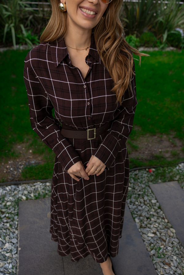 Ekose Desenli Gömlek Elbise - KAHVERENGİ