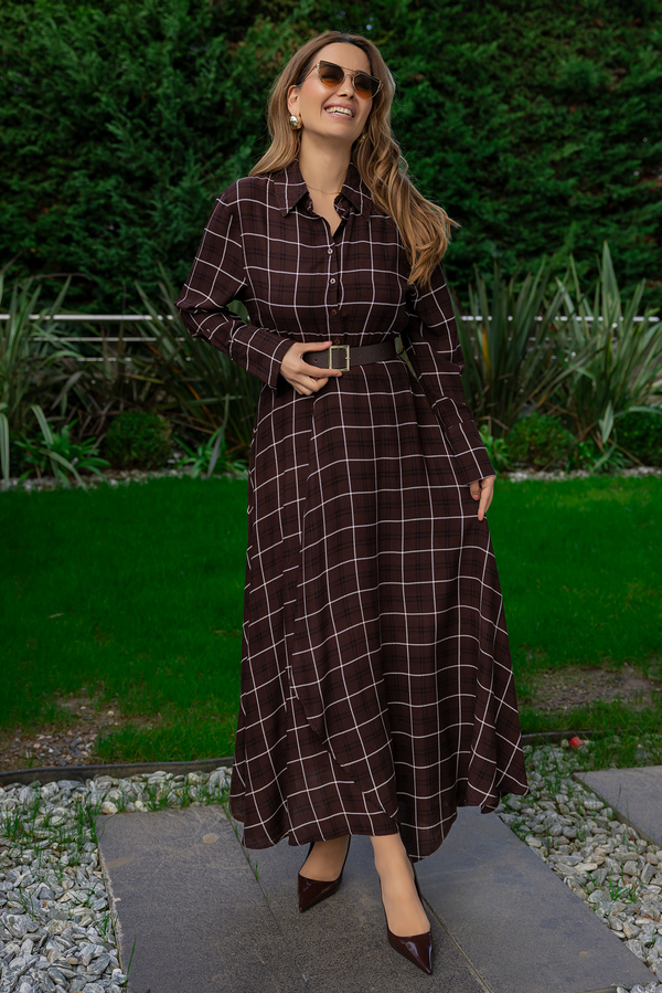 Ekose Desenli Gömlek Elbise - KAHVERENGİ