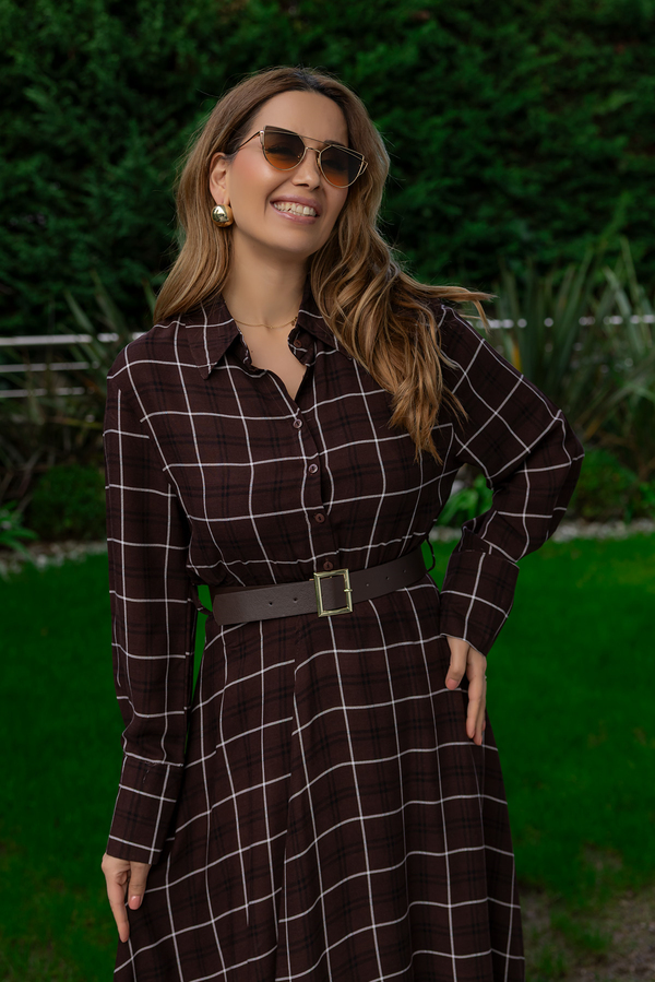 Ekose Desenli Gömlek Elbise - KAHVERENGİ