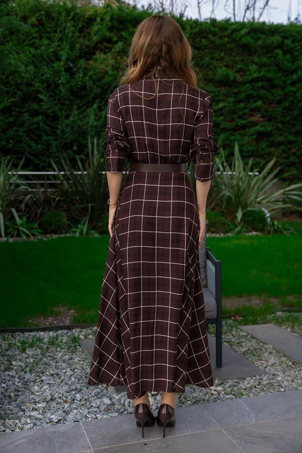 Ekose Desenli Gömlek Elbise - KAHVERENGİ