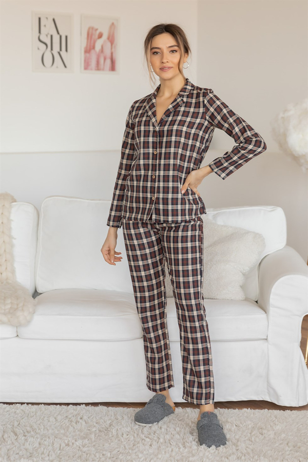 Ekose Pijama Takım - KAHVERENGİ