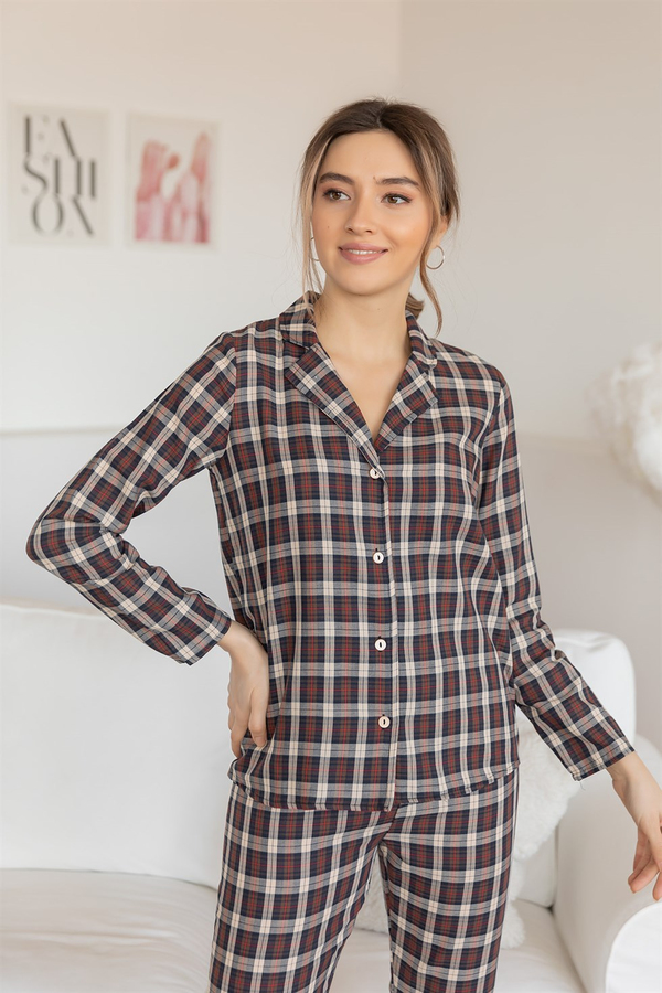 Ekose Pijama Takım - KAHVERENGİ