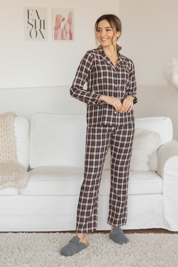Ekose Pijama Takım - KAHVERENGİ