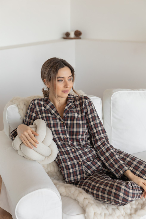 Ekose Pijama Takım - KAHVERENGİ