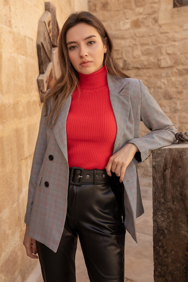 Ekoseli Kruvaze Blazer - KIRMIZI