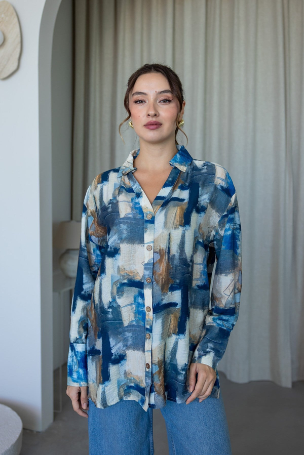 Empirme Desenli Oversize Gömlek - İNDİGO