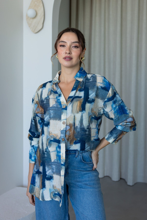 Empirme Desenli Oversize Gömlek - İNDİGO