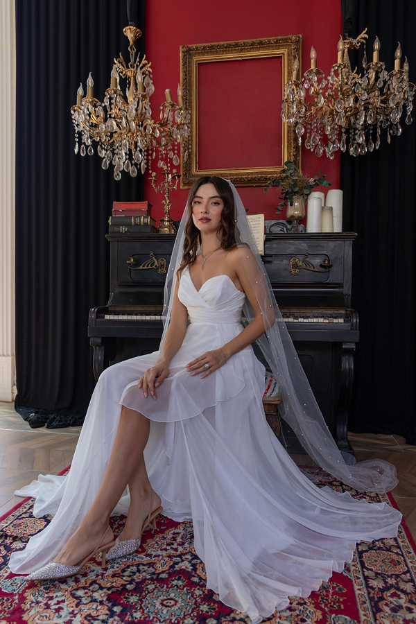 Ruffled Hem Chiffon Gown - WHITE
