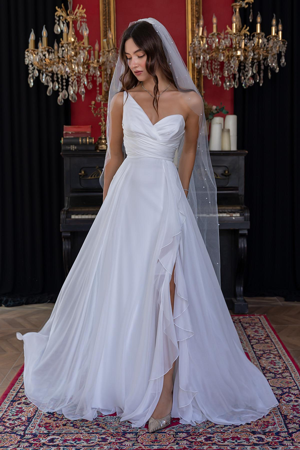 Ruffled Hem Chiffon Gown - WHITE