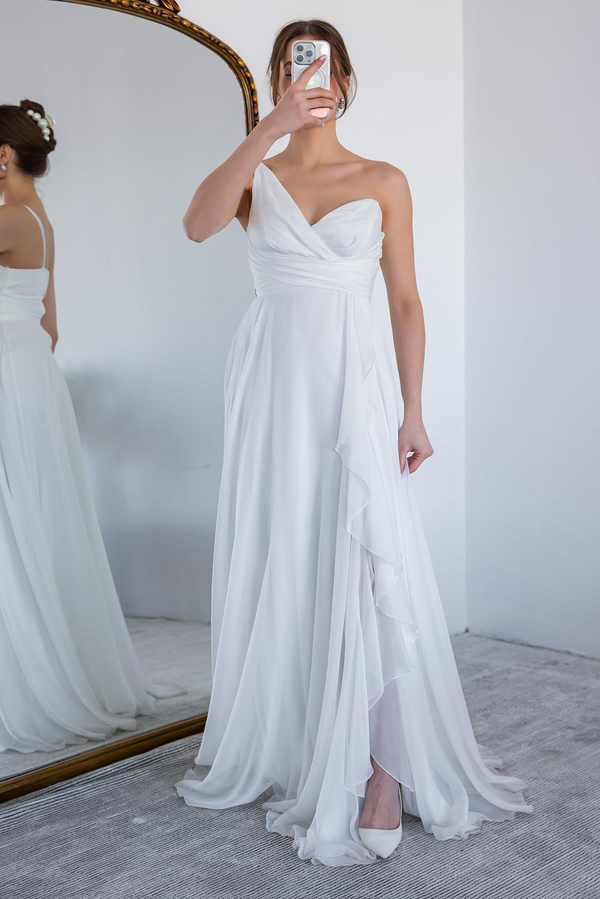 Ruffled Hem Chiffon Gown - WHITE