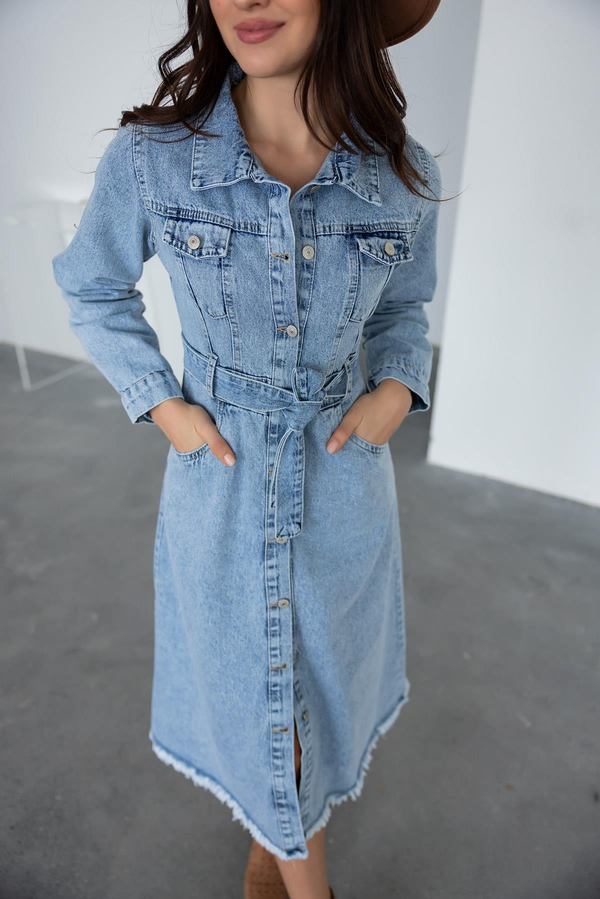 Etek Ucu Püskül Denim Elbise - BUZ MAVİ