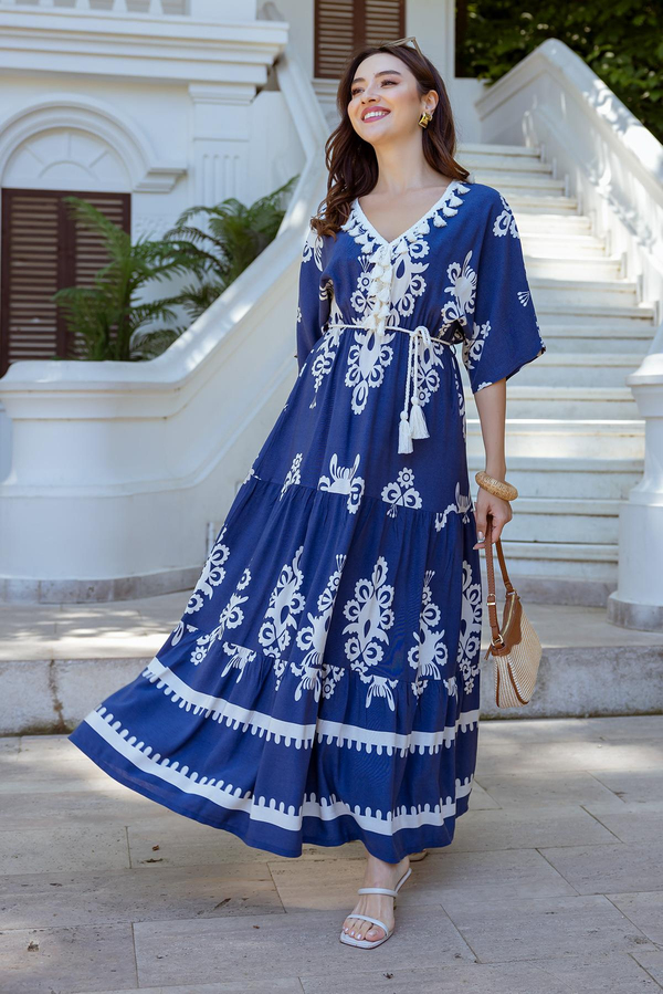 Etnik Desenli Maxi Elbise - LACİVERT