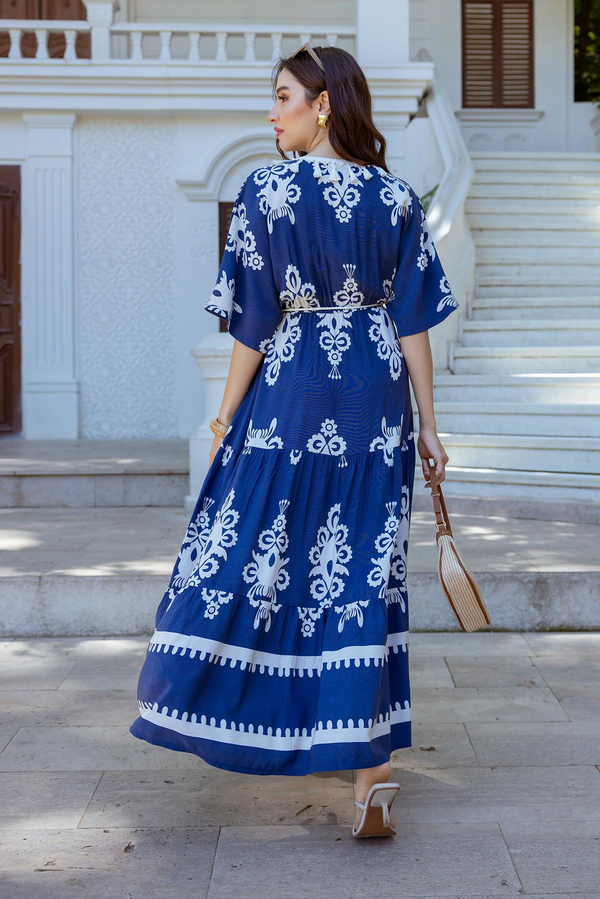 Etnik Desenli Maxi Elbise - LACİVERT