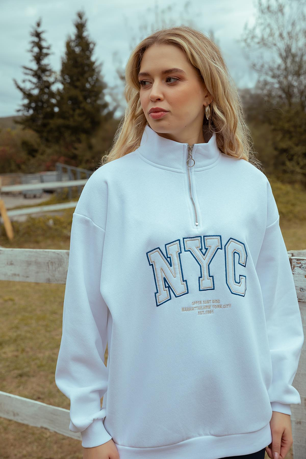 Fermuar Yaka Sweatshirt - BEYAZ