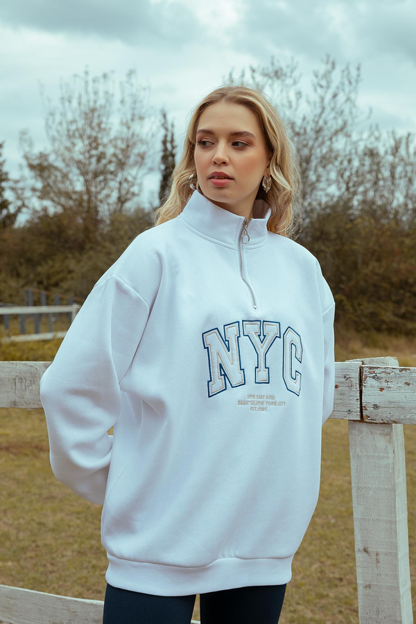Fermuar Yaka Sweatshirt - BEYAZ