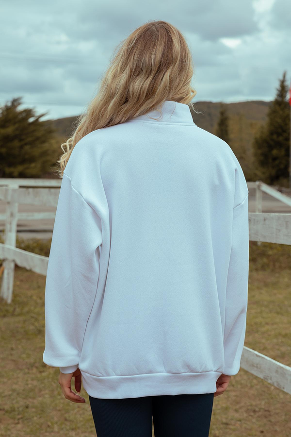 Fermuar Yaka Sweatshirt - BEYAZ