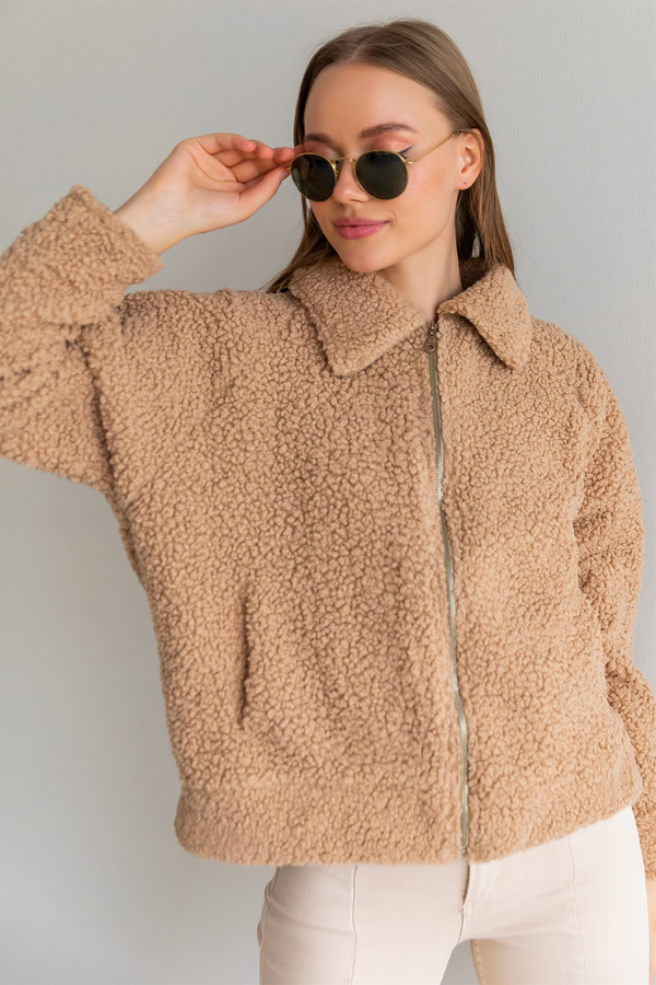 Fermuarlı Peluş Mont - CAMEL
