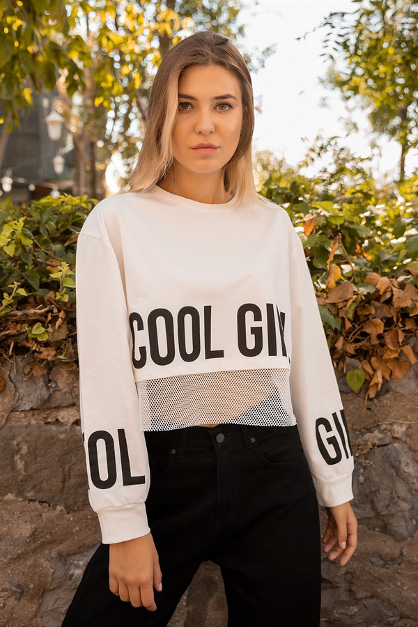 File Detaylı Crop Sweat - BEYAZ