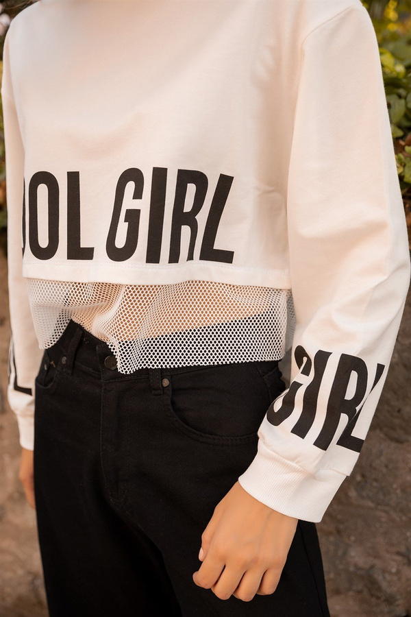 File Detaylı Crop Sweat - BEYAZ