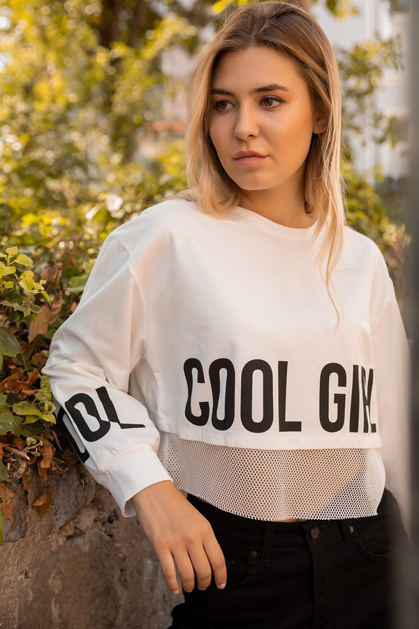 File Detaylı Crop Sweat - BEYAZ