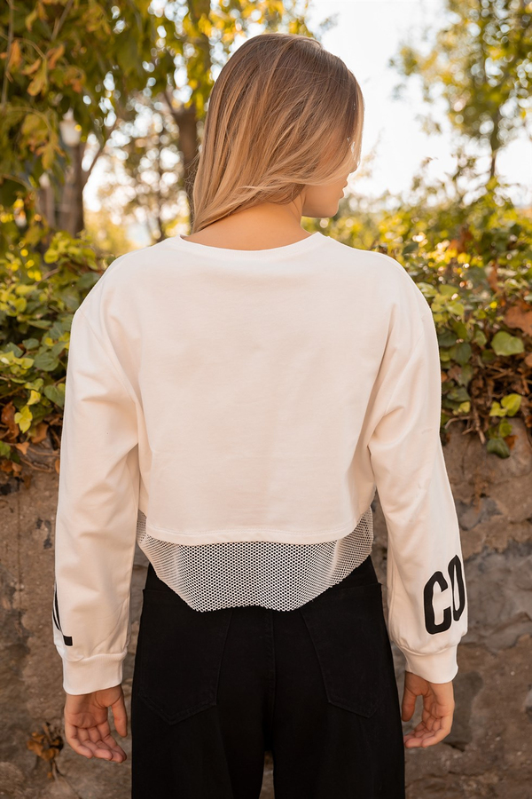 File Detaylı Crop Sweat - BEYAZ