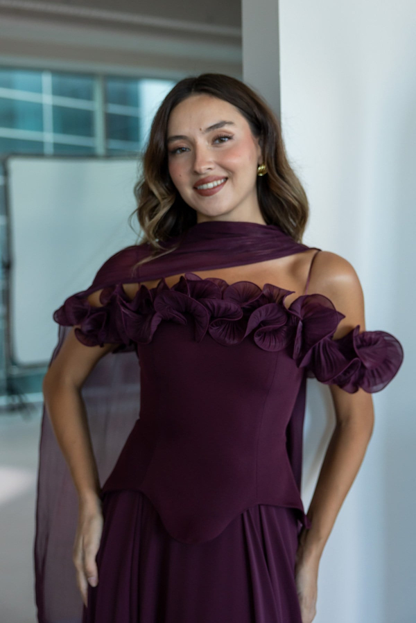Fırfır Detaylı Şifon Abiye - BORDO