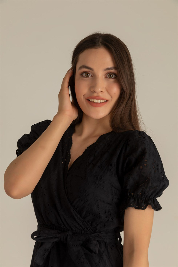 Fistolu Midi Elbise - SİYAH