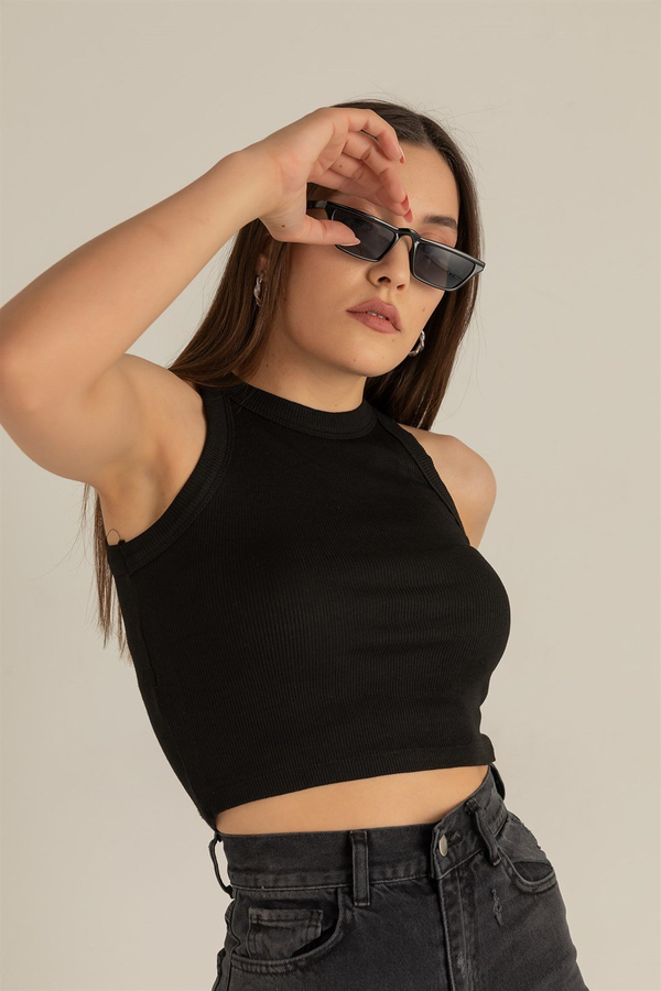 Fitilli Crop Atlet - SİYAH