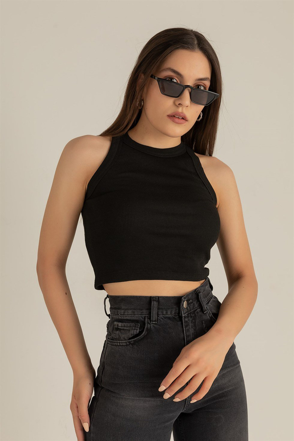 Fitilli Crop Atlet - SİYAH
