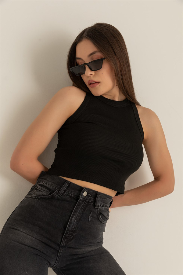 Fitilli Crop Atlet - SİYAH