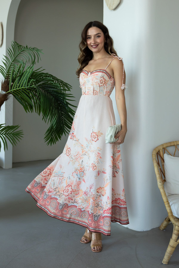 Floral Desenli Kuşaklı Elbise - TURUNCU
