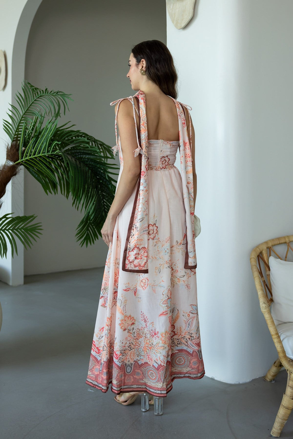 Floral Desenli Kuşaklı Elbise - TURUNCU