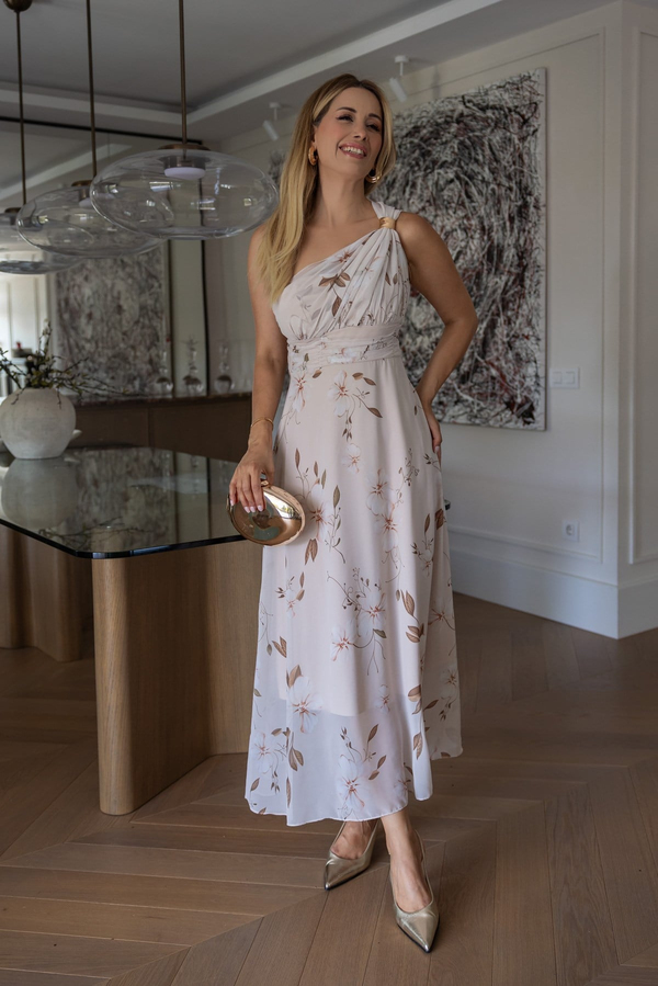 Floral Desenli Tek Omuz Elbise - BEJ