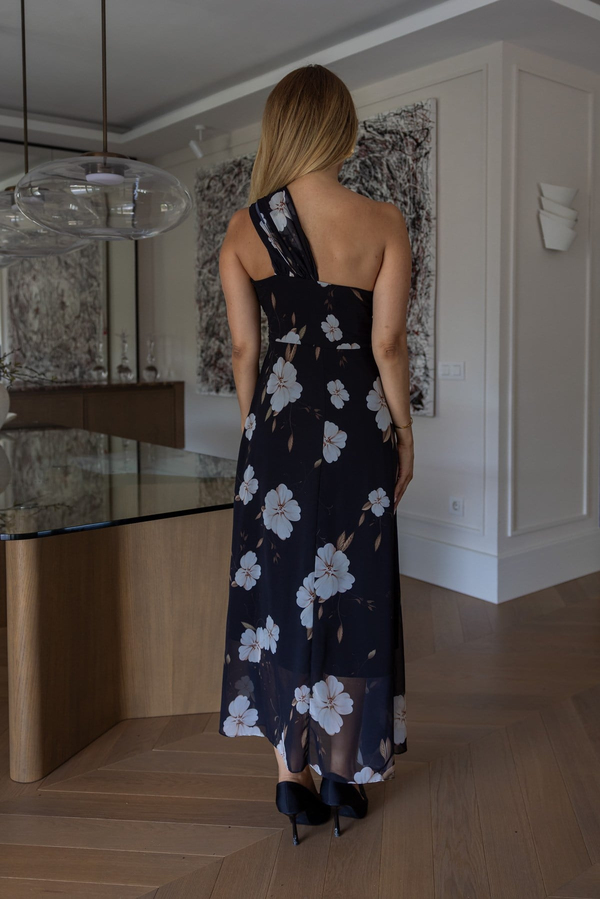 Floral Desenli Tek Omuz Elbise - SİYAH