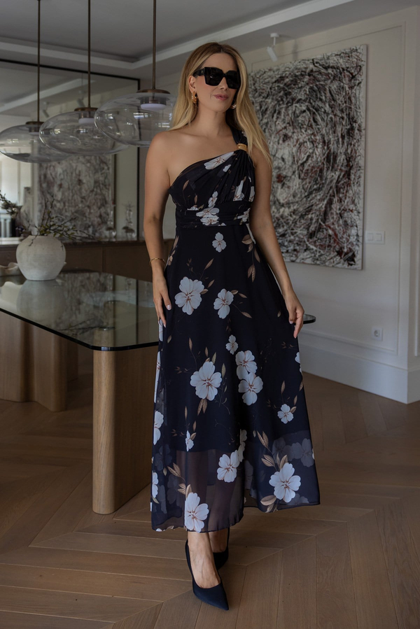 Floral Desenli Tek Omuz Elbise - SİYAH