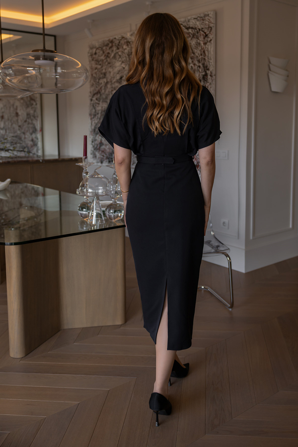 Geniş Kol Kemerli Elbise - SİYAH