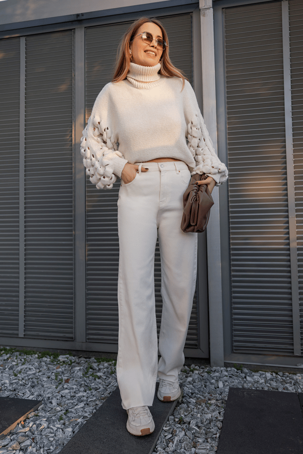 Geniş Paçalı Denim Pantolon - KREM