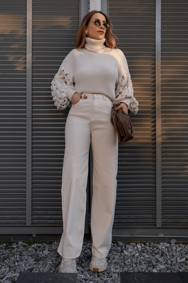 Geniş Paçalı Denim Pantolon - KREM