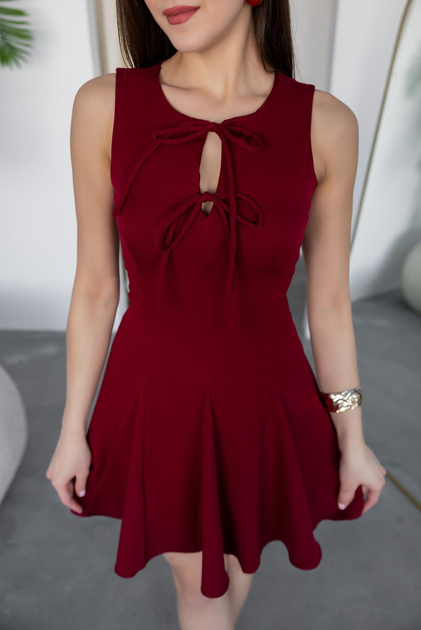 Göğüs Bağlamalı Kloş Elbise - BORDO
