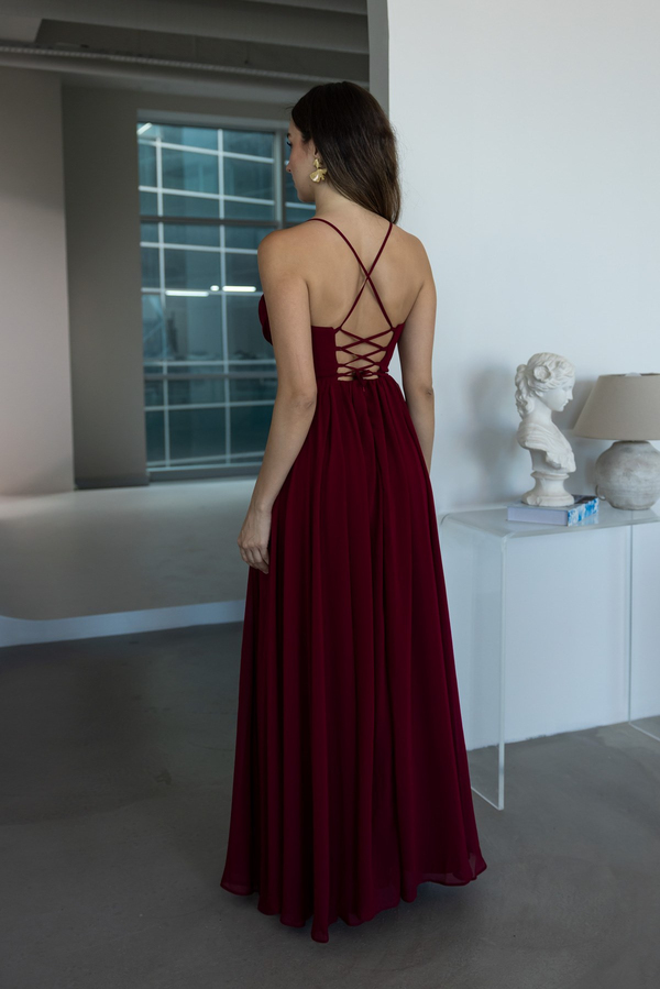 Göğüs Balenli Şifon Abiye - BORDO